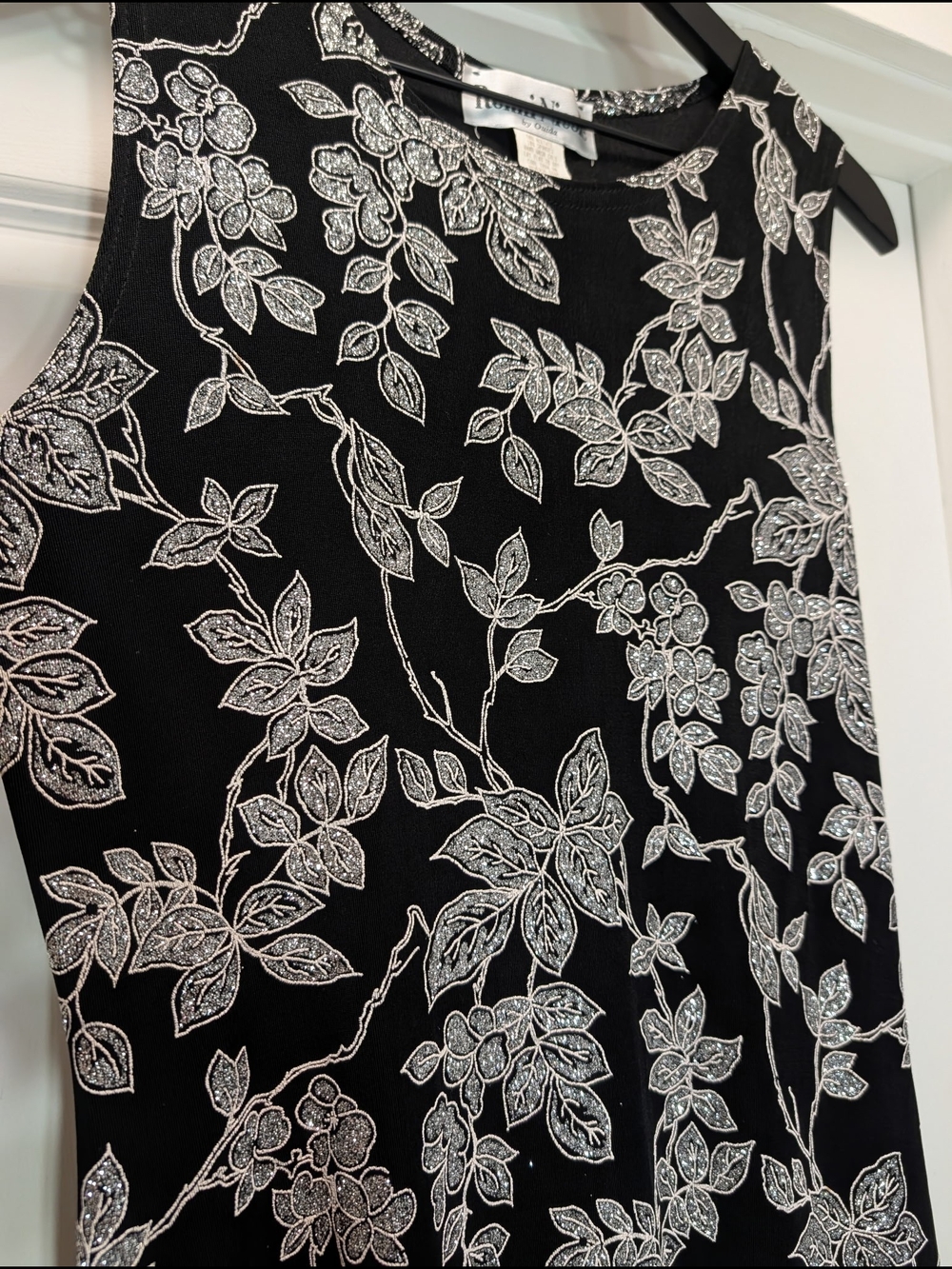 Vintage Black Maxi Dress with White Floral Pattern Silver Glitter Flowers - Picture 4 of 8